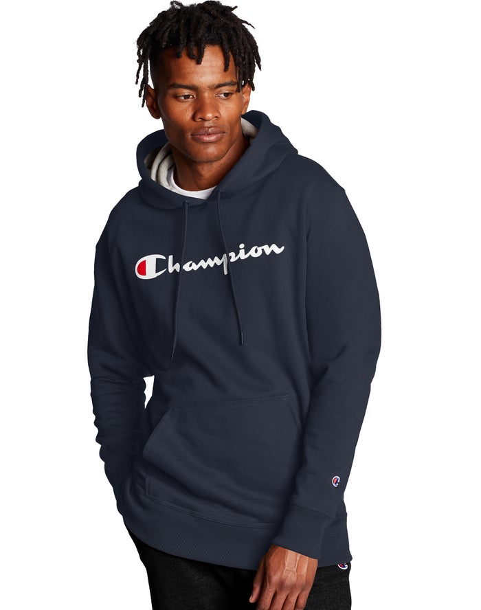 Champion Powerblend Script Logo Erkek Kapşonlu Sweatshirt Lacivert ( BHIMRW781 )